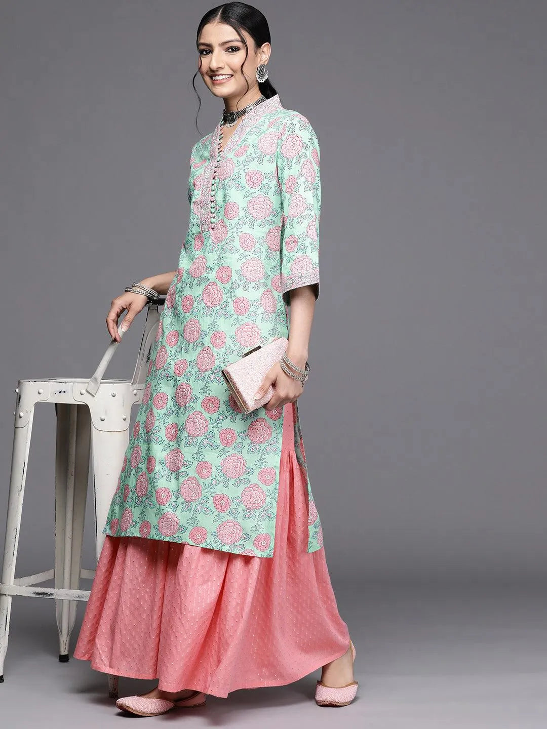 Green Printed Cotton Kurta - Libas