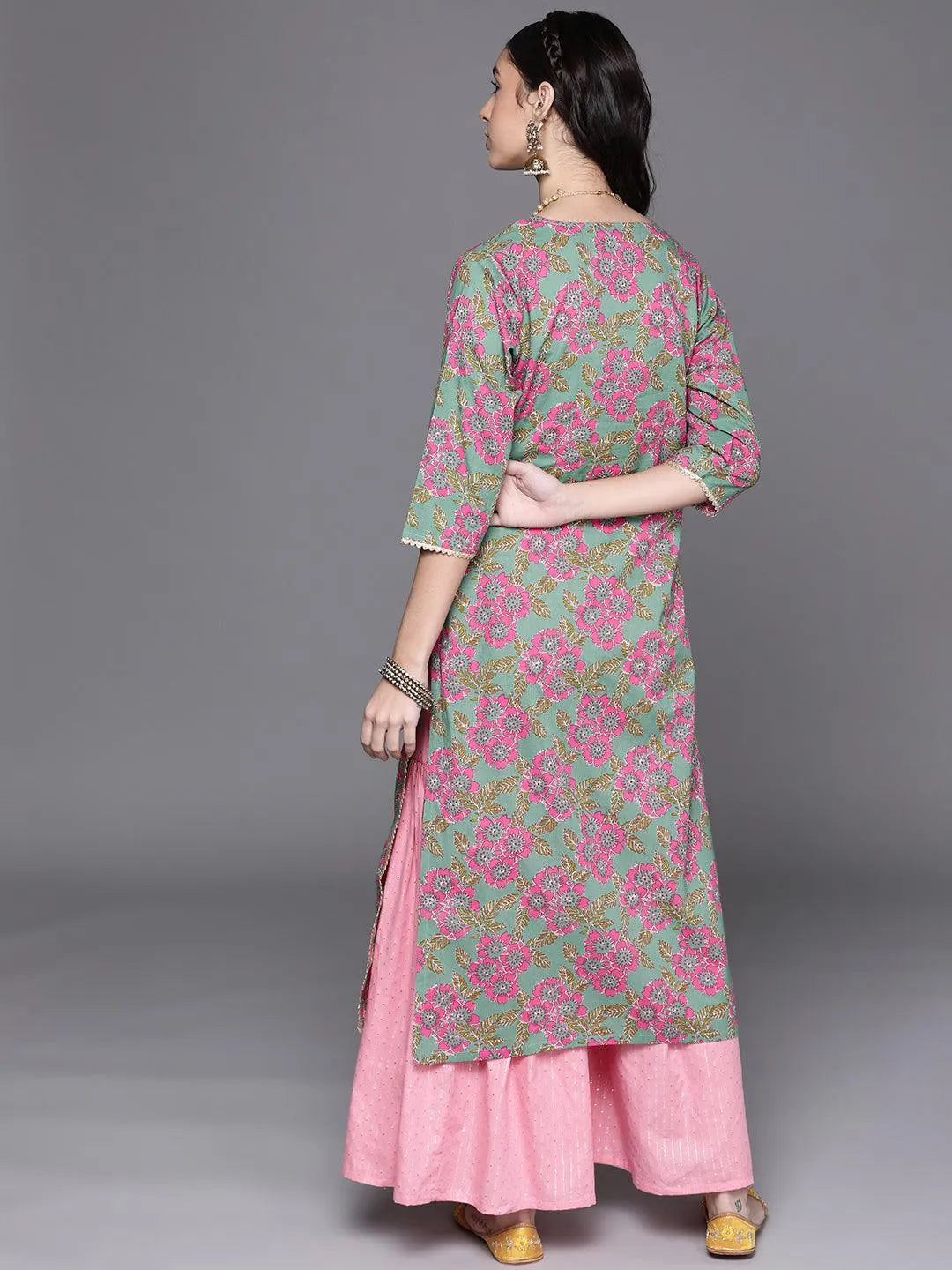 Green Printed Cotton Kurta - Libas