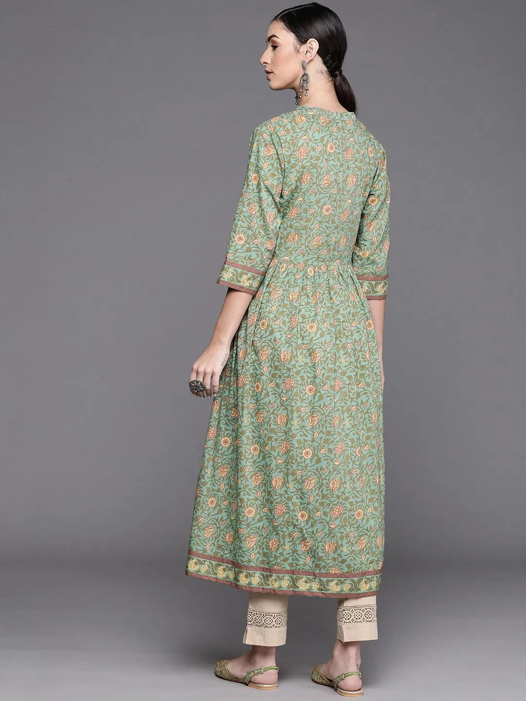 Green Printed Cotton Kurta - Libas 