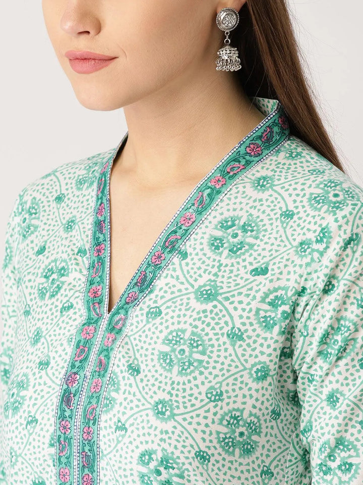 Green Printed Cotton Kurta - Libas