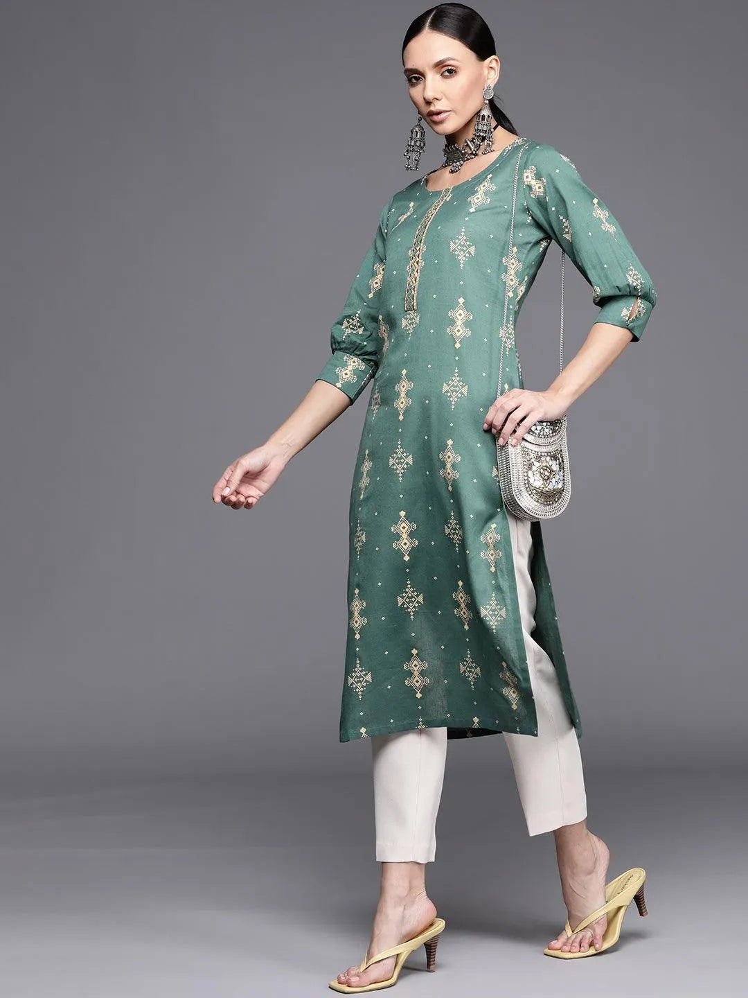 Green Printed Cotton Kurta - Libas