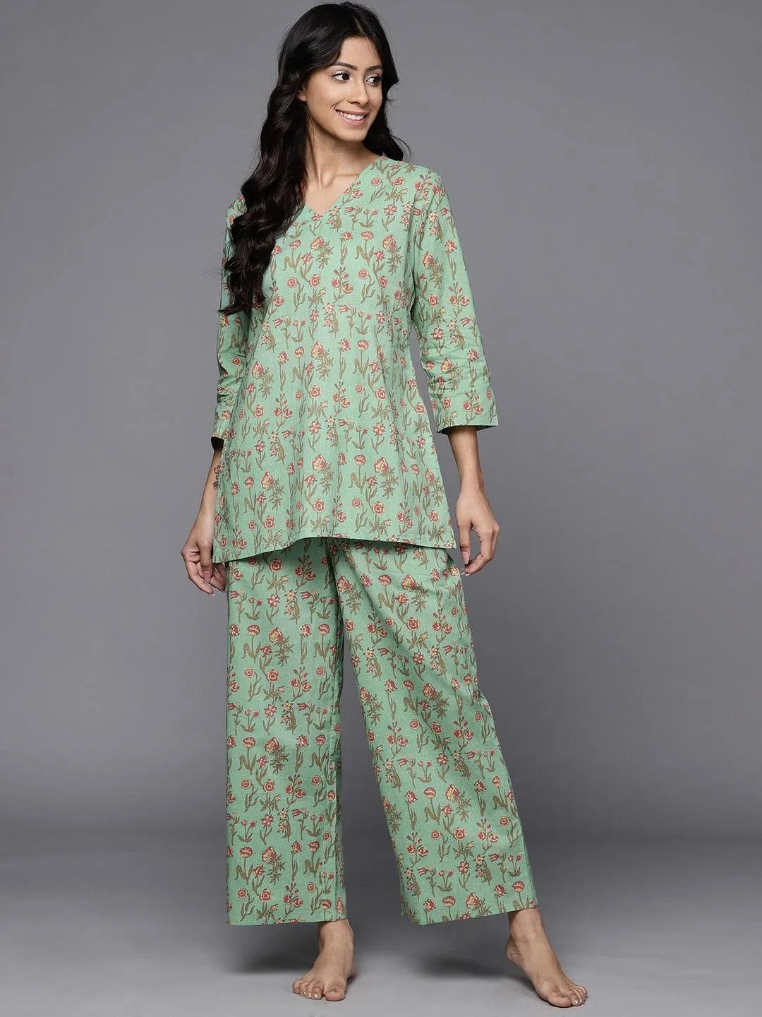 Green Printed Cotton Night Suit - Libas