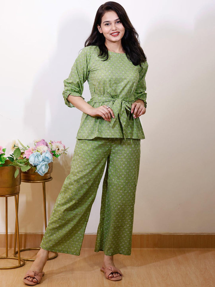 Green Printed Cotton Night Suit - Libas