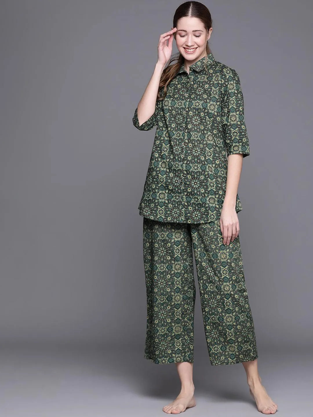 Green Printed Cotton Night Suit - Libas