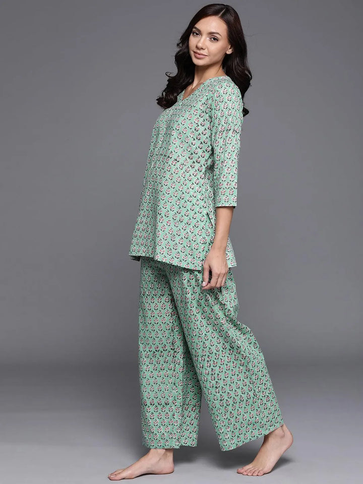 Green Printed Cotton Night Suit - Libas