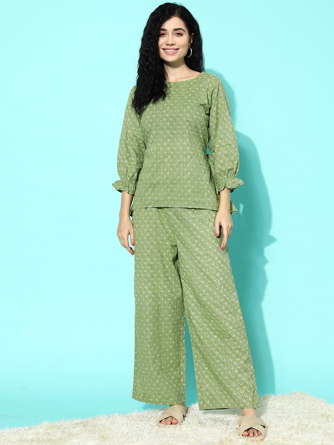 Green Printed Cotton Night Suit - Libas 