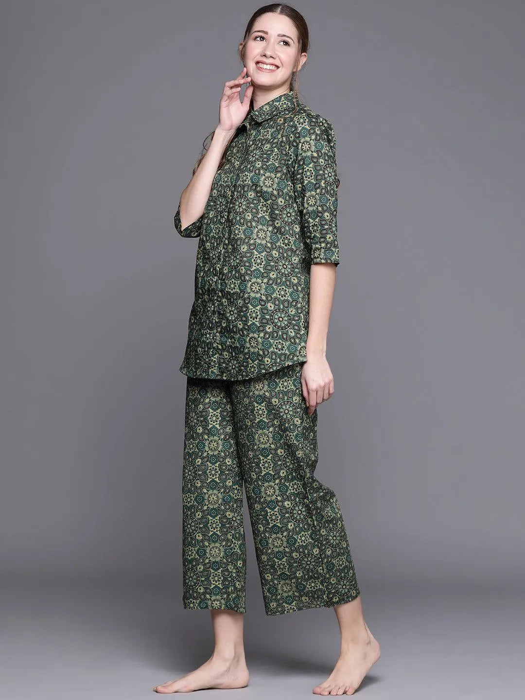 Green Printed Cotton Night Suit - Libas 