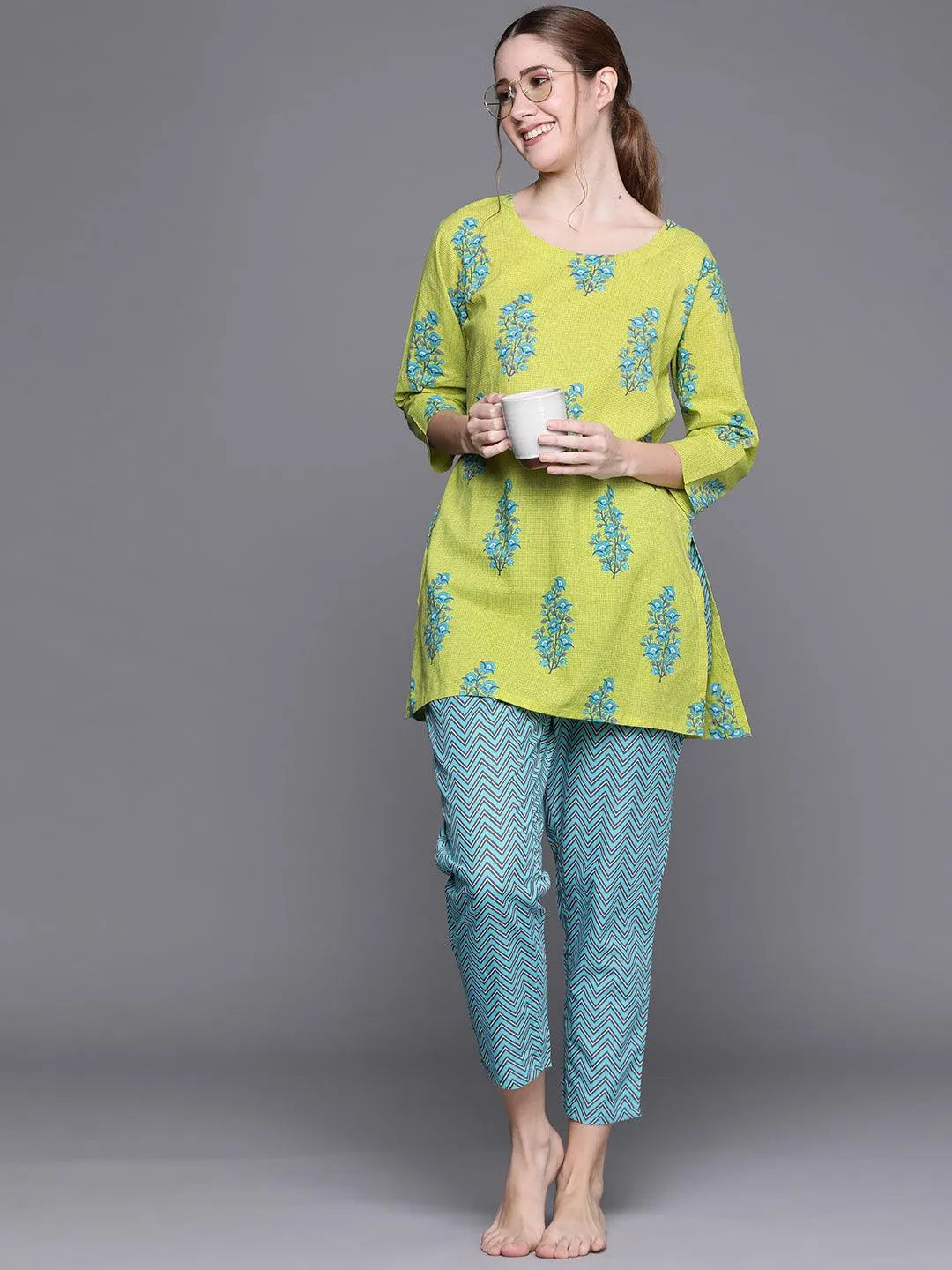 Green Printed Cotton Night Suit - Libas 