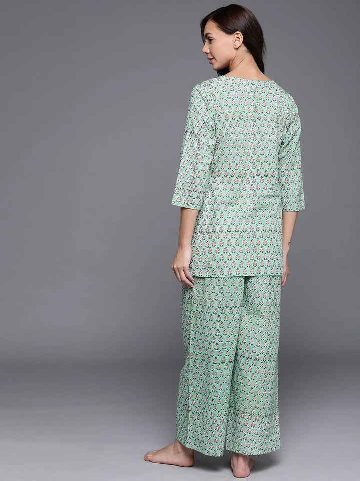 Green Printed Cotton Night Suit - Libas