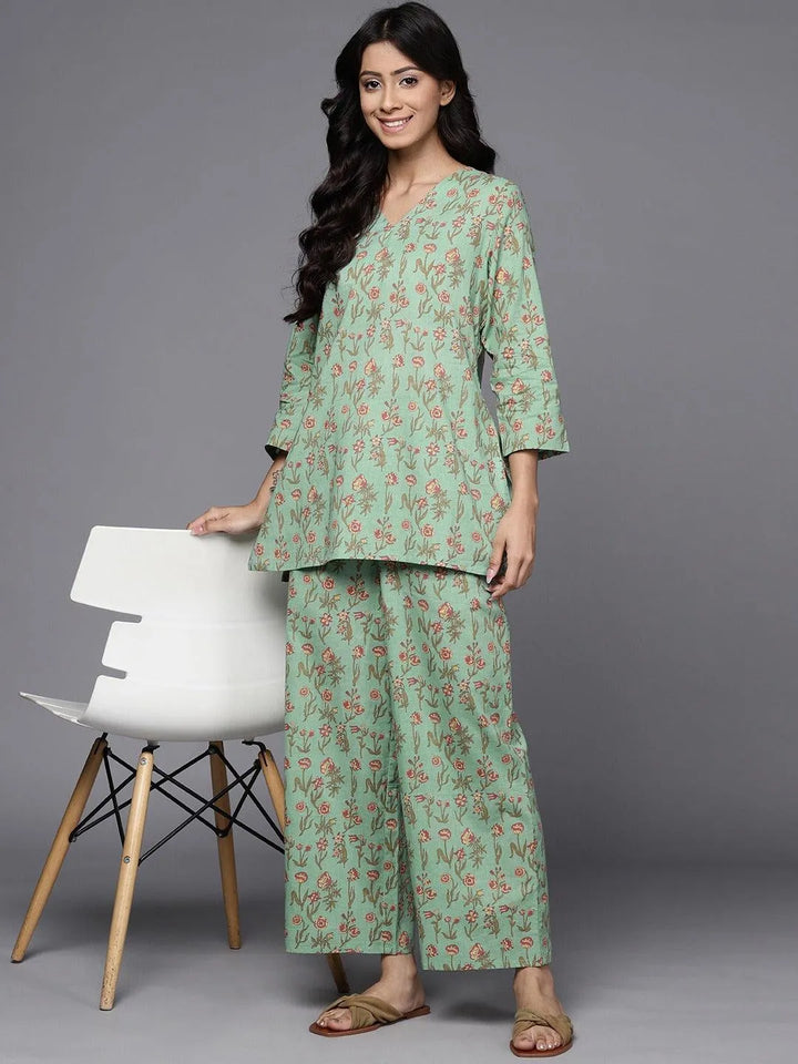 Green Printed Cotton Night Suit - Libas