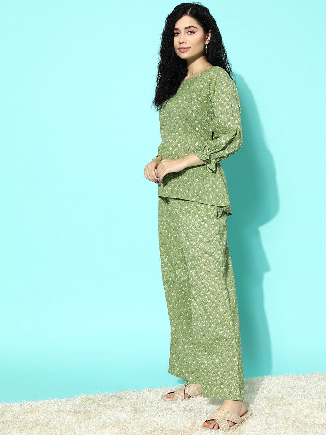 Green Printed Cotton Night Suit - Libas 