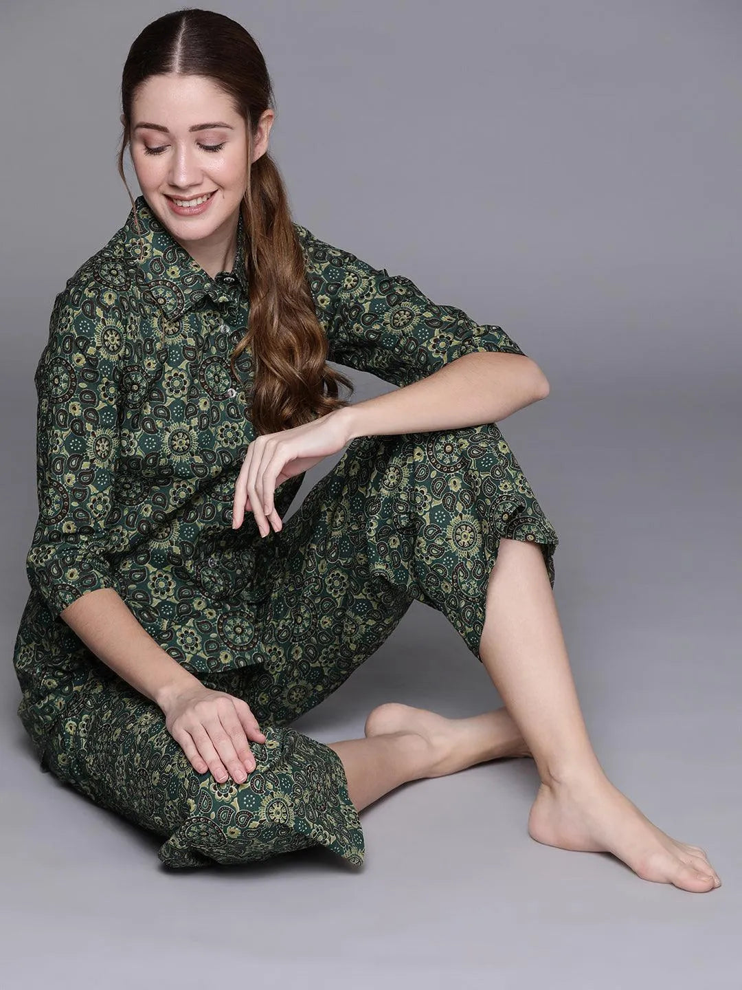 Green Printed Cotton Night Suit - Libas 