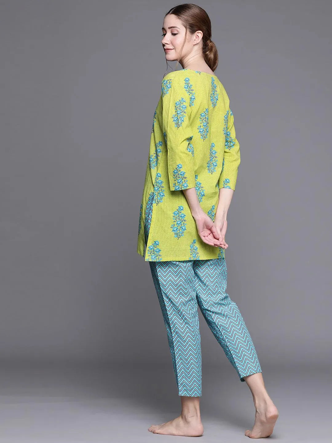 Green Printed Cotton Night Suit - Libas 