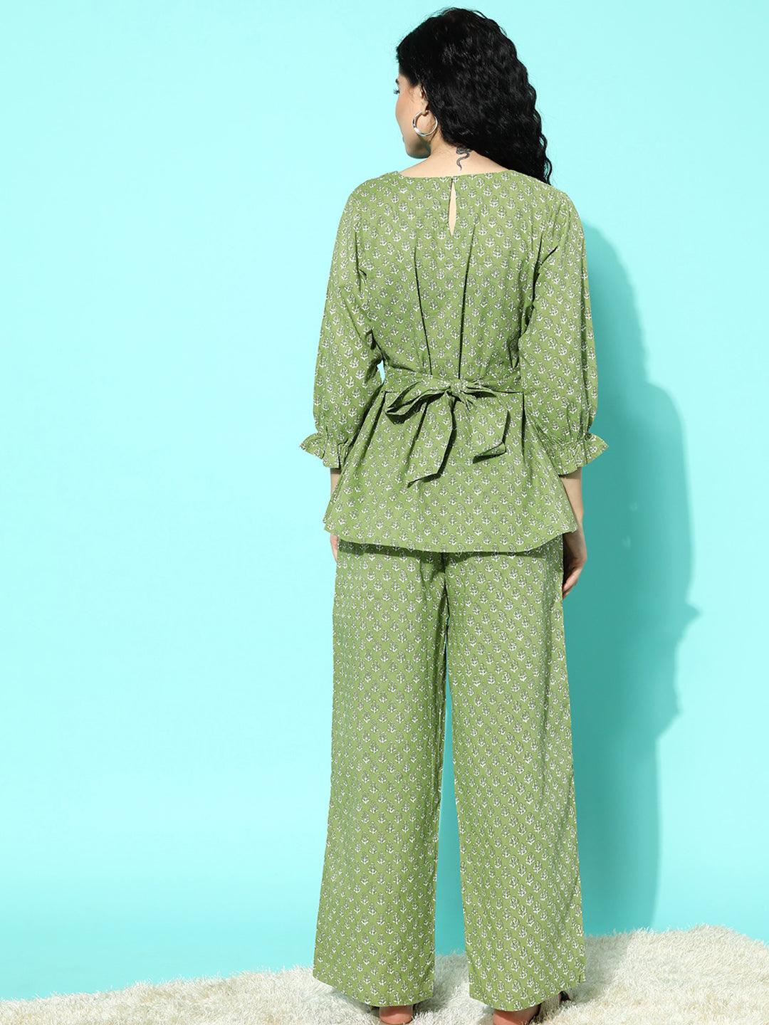 Green Printed Cotton Night Suit - Libas 