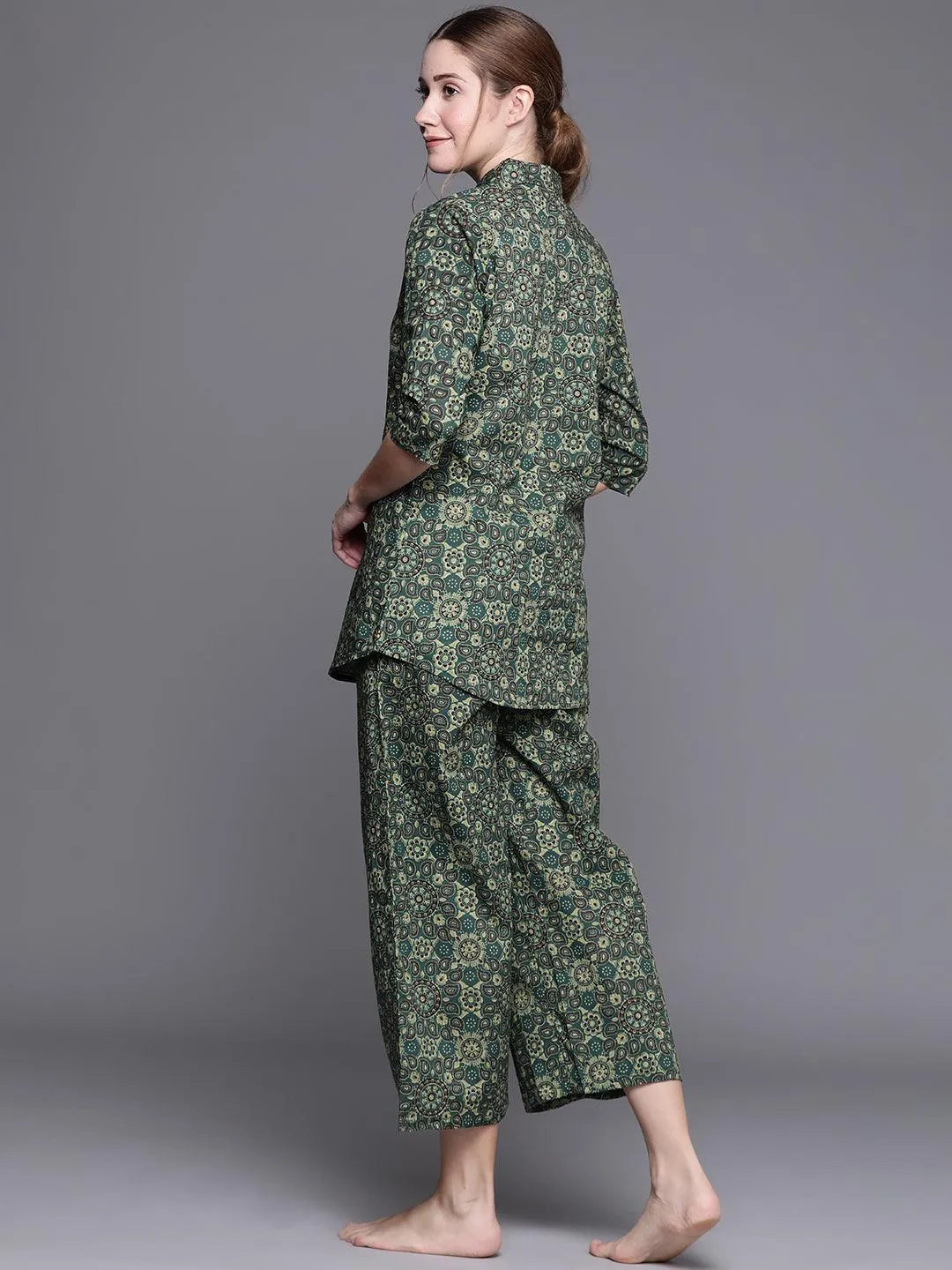 Green Printed Cotton Night Suit - Libas 