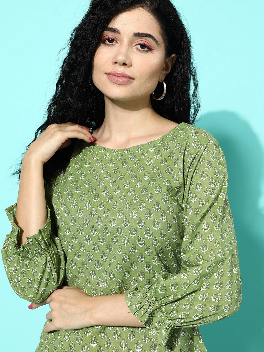 Green Printed Cotton Night Suit - Libas 