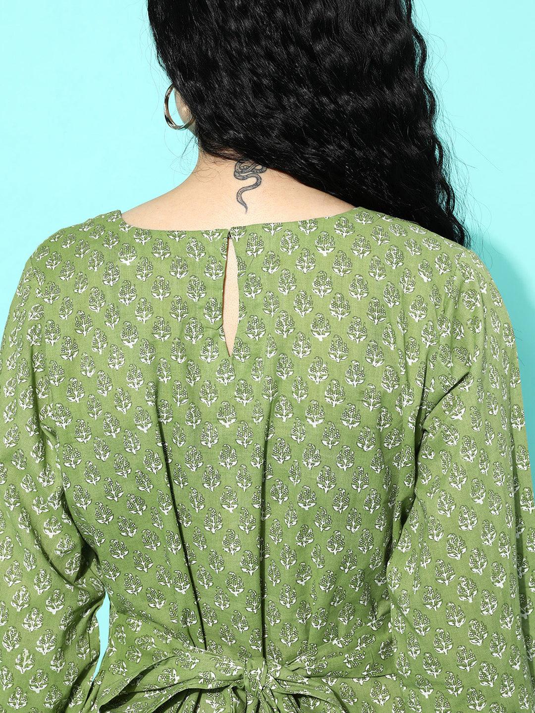 Green Printed Cotton Night Suit - Libas 