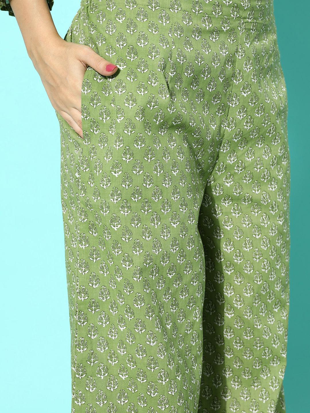 Green Printed Cotton Night Suit - Libas