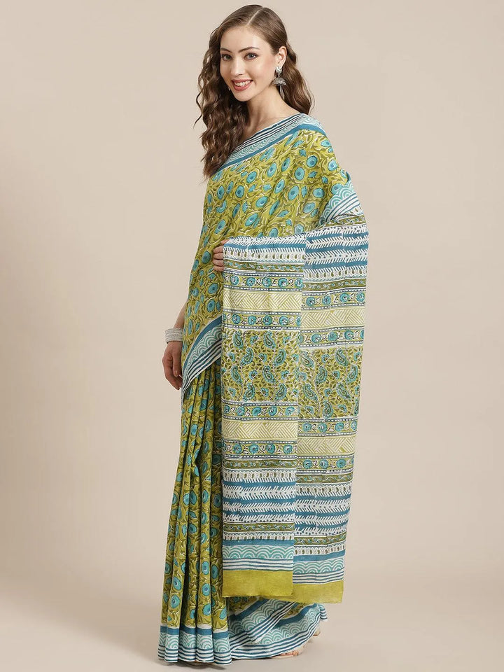 Green Printed Cotton Saree - Libas