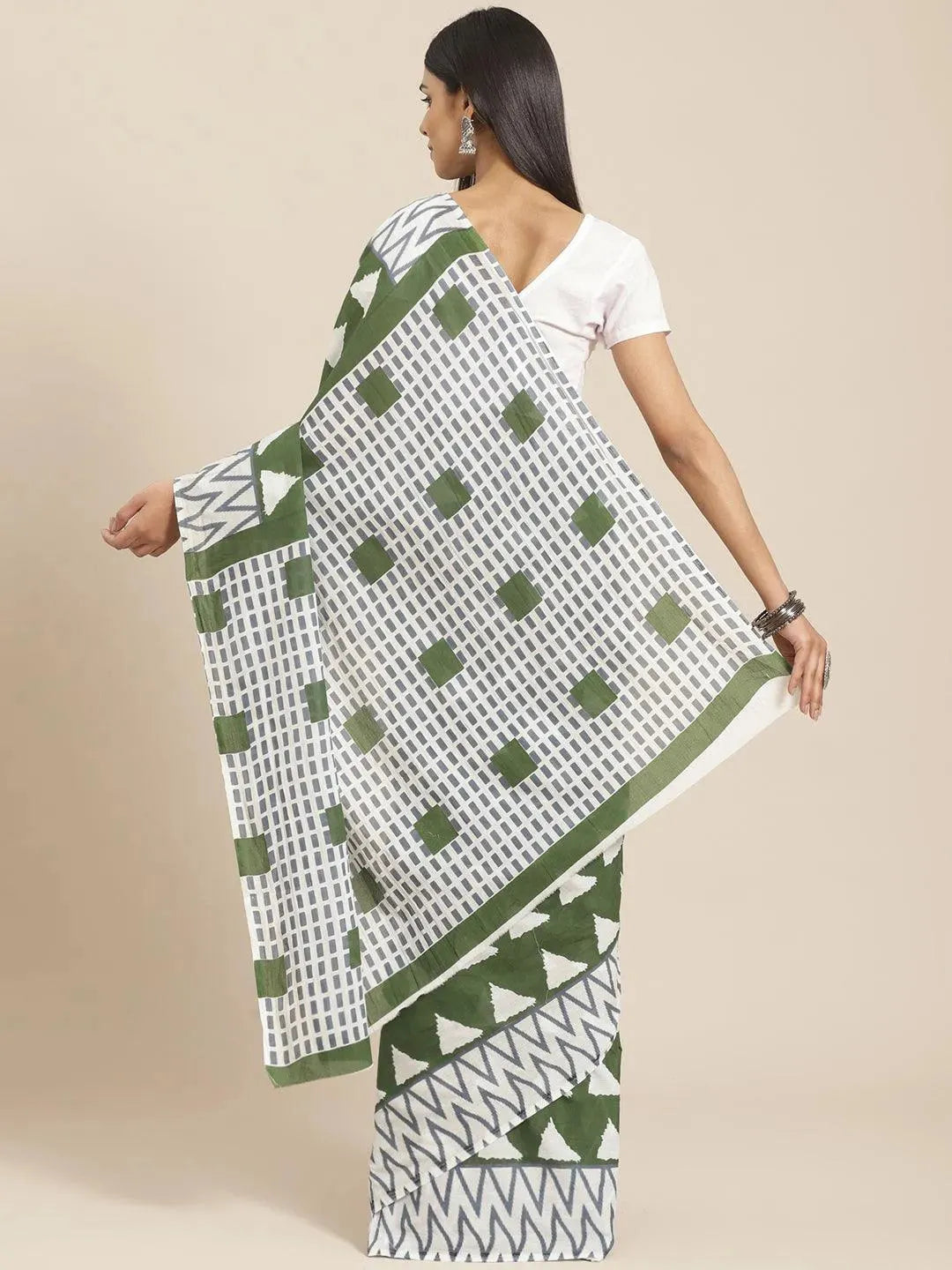 Green Printed Cotton Saree - Libas