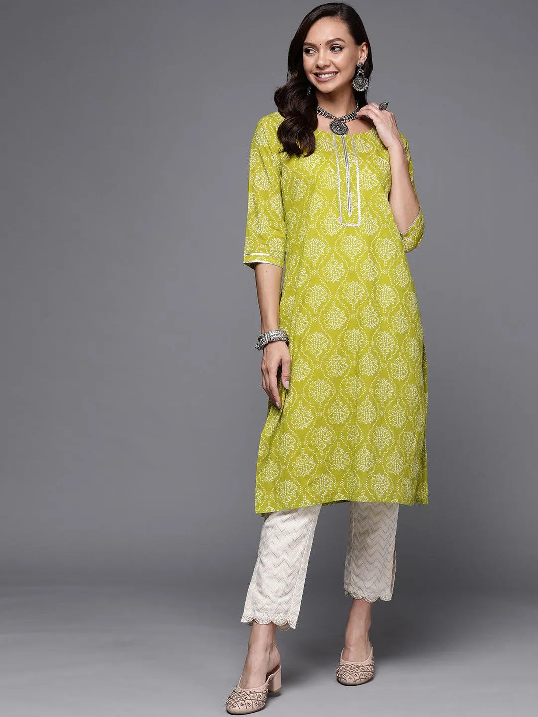 Green Printed Cotton Straight Kurta - Libas