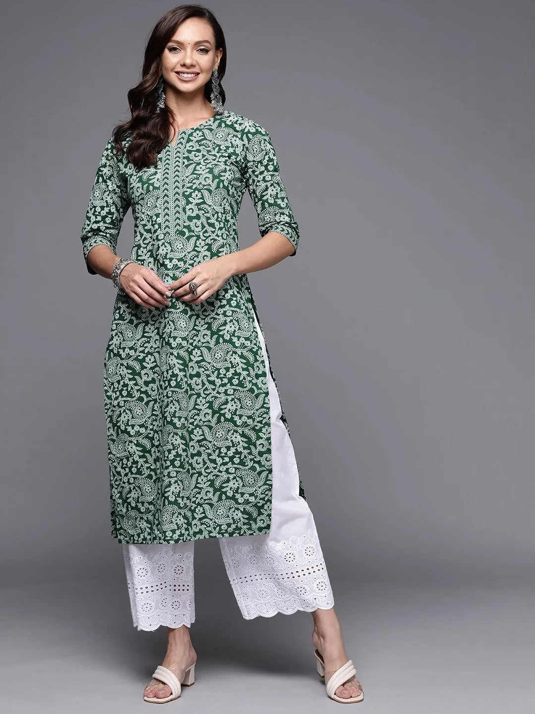 Green Printed Cotton Straight Kurta - Libas