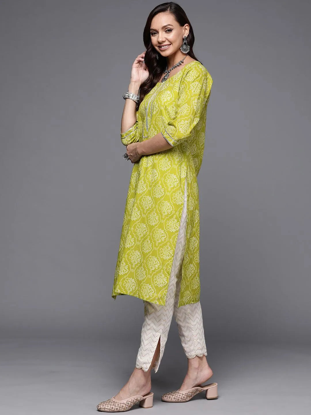 Green Printed Cotton Straight Kurta - Libas