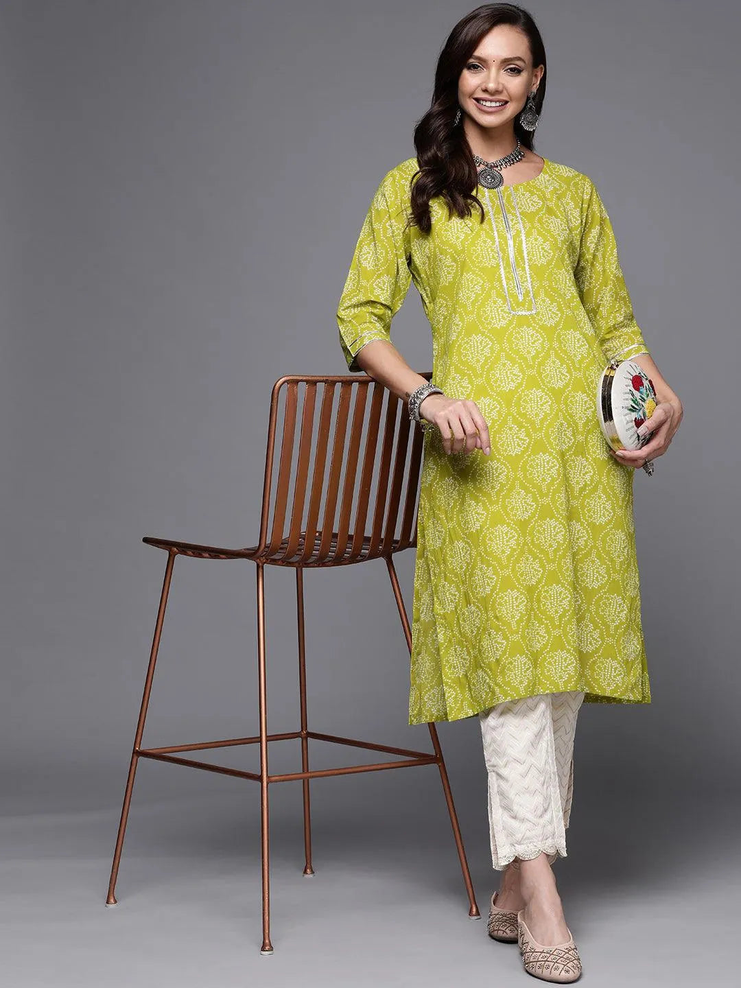 Green Printed Cotton Straight Kurta - Libas