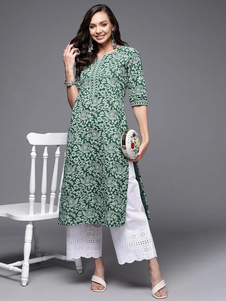 Green Printed Cotton Straight Kurta - Libas