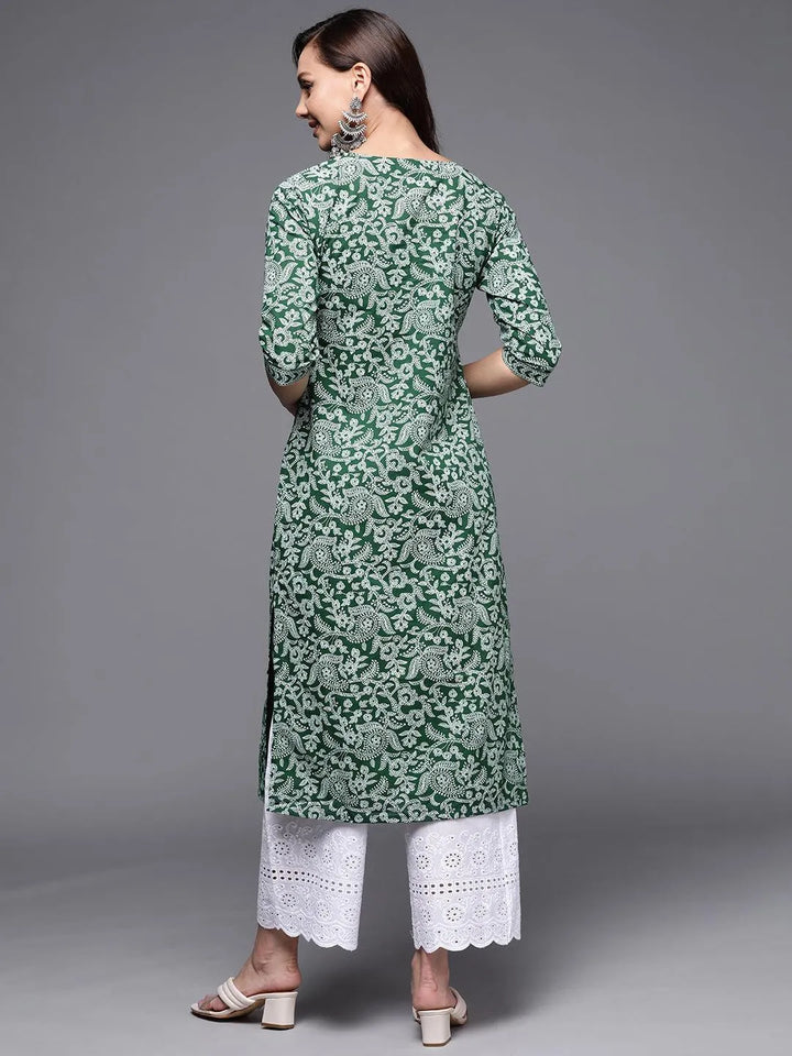 Green Printed Cotton Straight Kurta - Libas