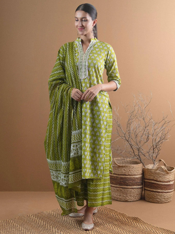 Green Printed Cotton Suit Set - Libas