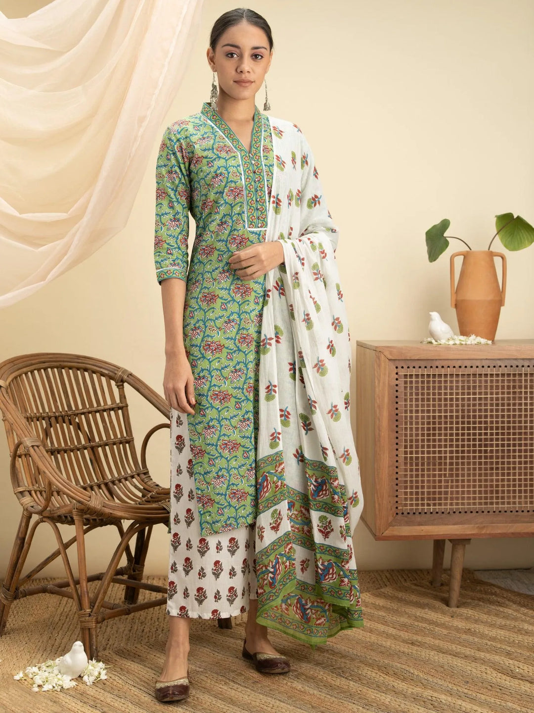 Green Printed Cotton Suit Set - Libas