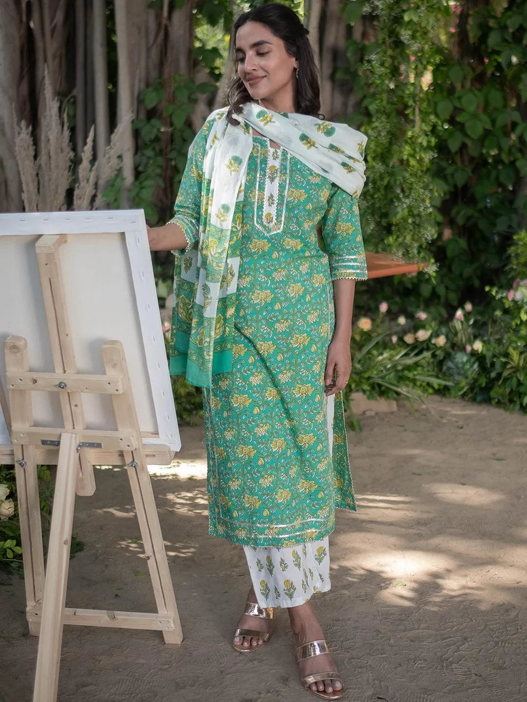 Green Printed Cotton Suit Set - Libas