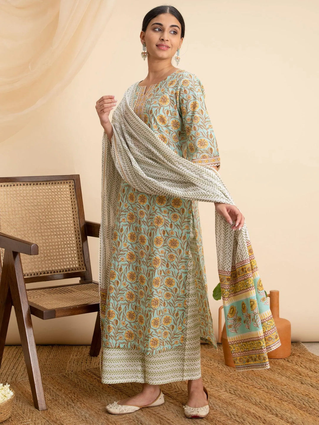 Green Printed Cotton Suit Set - Libas 