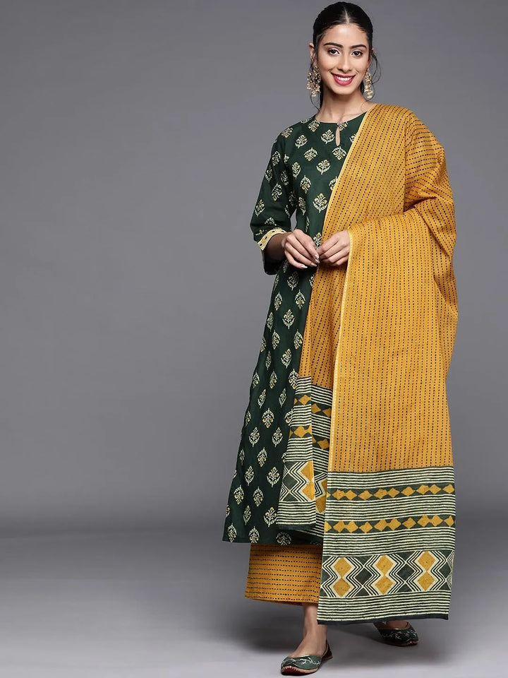 Green Printed Cotton Suit Set - Libas