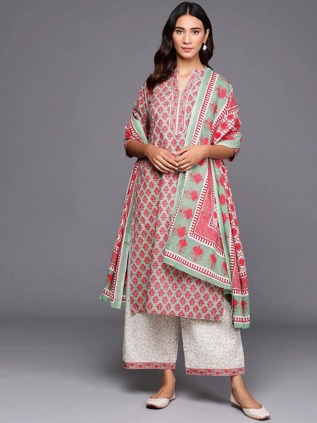 Green Printed Cotton Suit Set - Libas