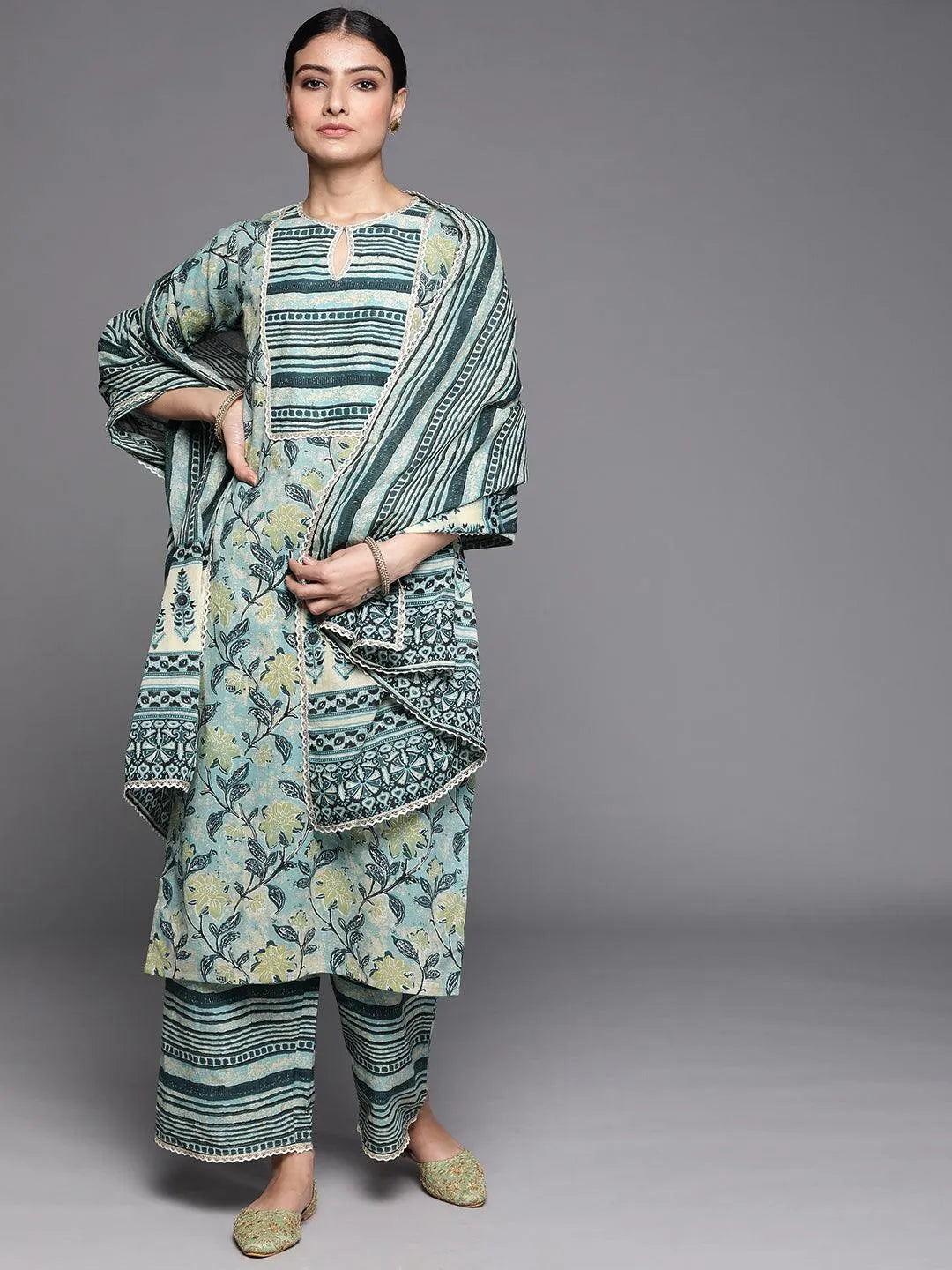 Green Printed Cotton Suit Set - Libas