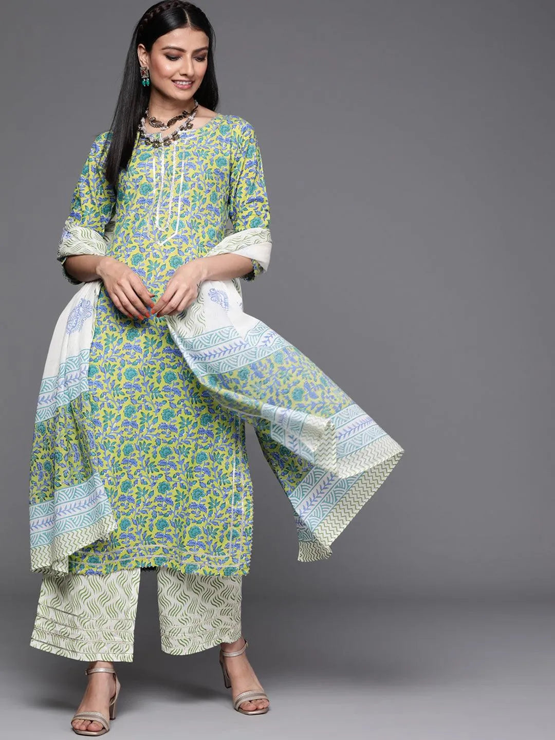 Green Printed Cotton Suit Set - Libas