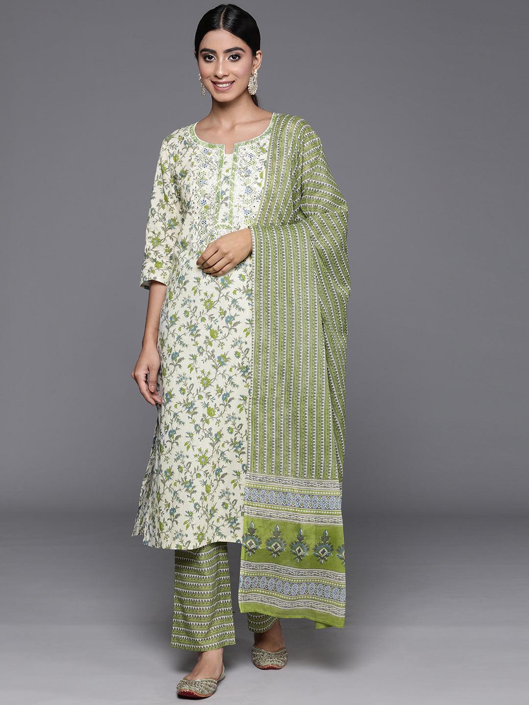 Green Printed Cotton Straight Kurta With Palazzos & Dupatta - Libas