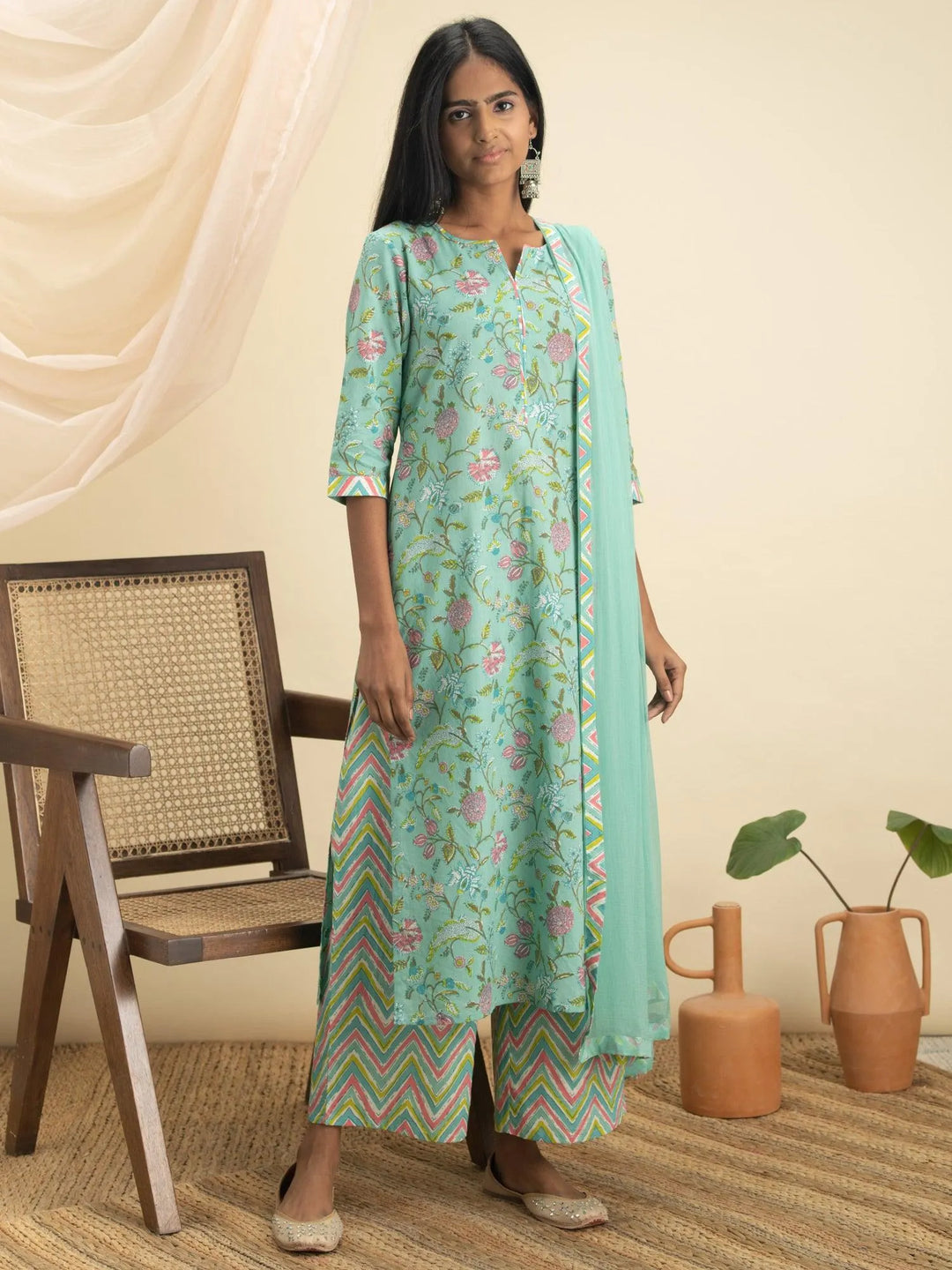 Buy Green Printed Cotton Straight Kurta With Palazzos & Dupatta Online ...