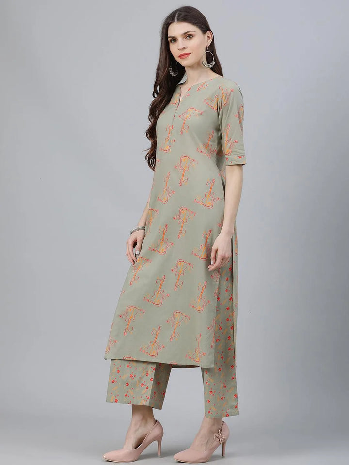 Green Printed Cotton Suit Set - Libas