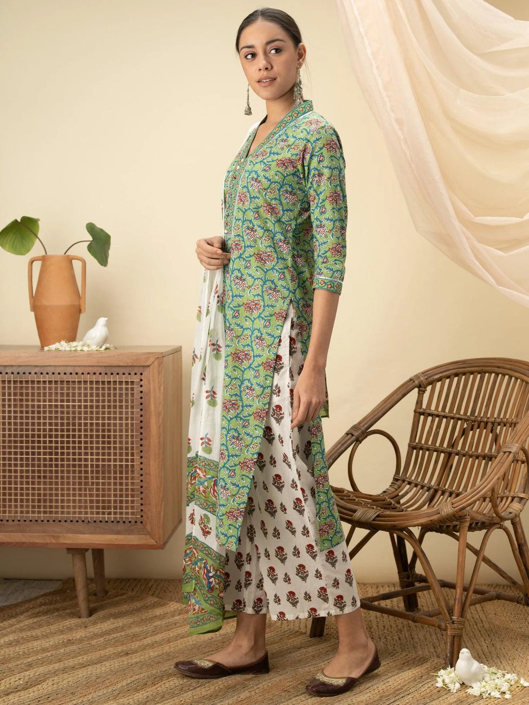 Green Printed Cotton Suit Set - Libas