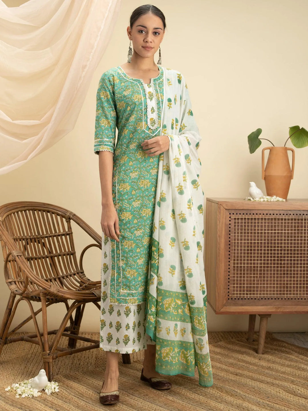 Green Printed Cotton Suit Set - Libas 