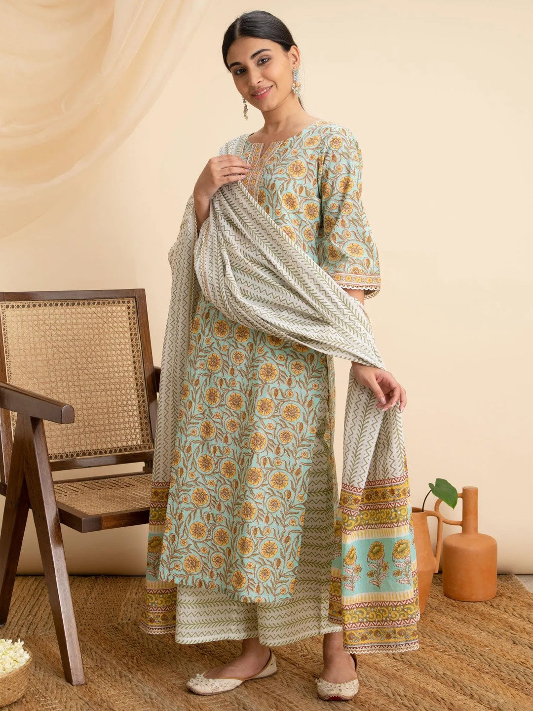 Green Printed Cotton Suit Set - Libas 