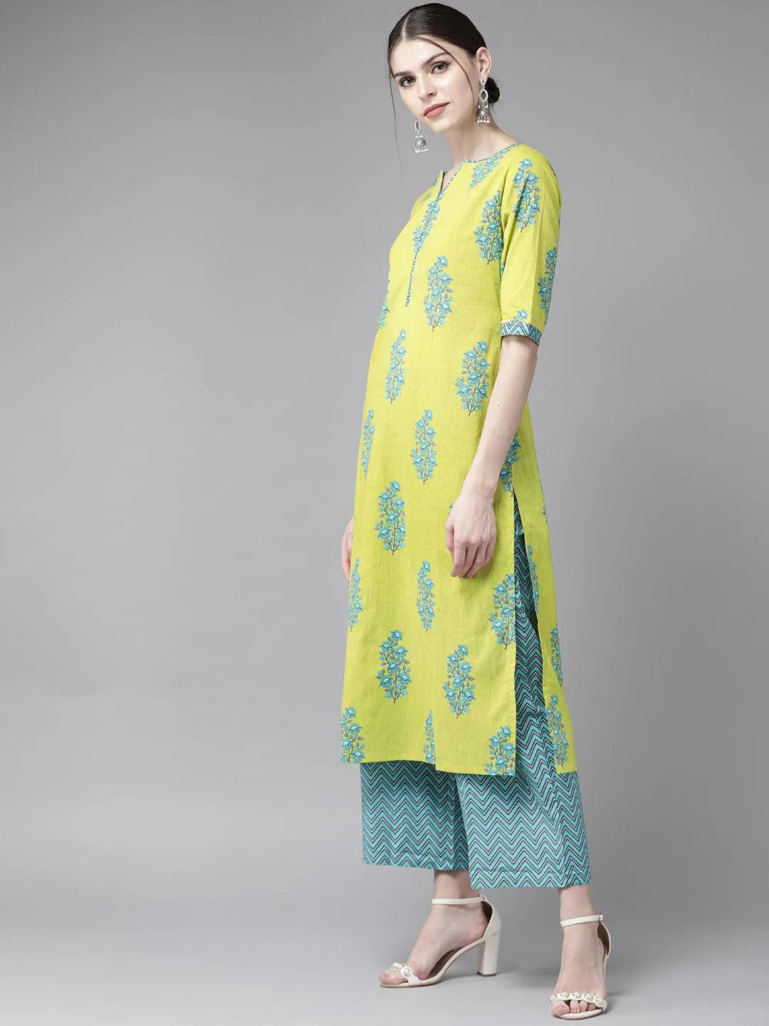 Buy Green Printed Cotton Straight Kurta With Palazzos & Dupatta Online ...