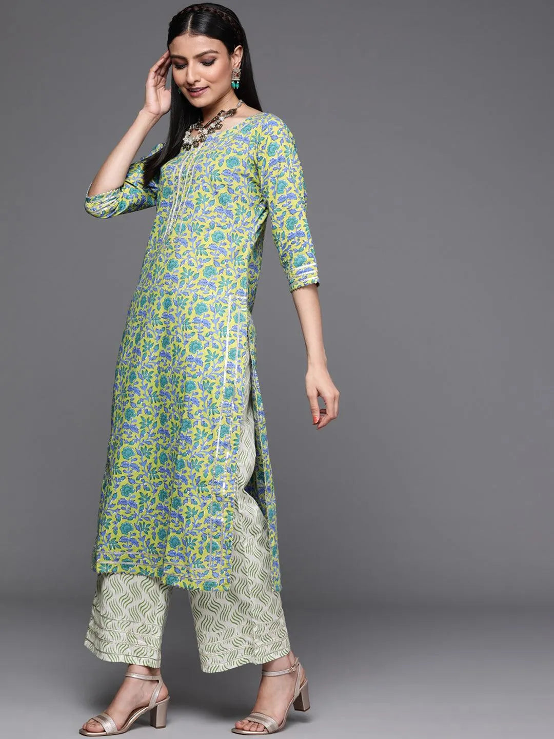 Green Printed Cotton Suit Set - Libas 