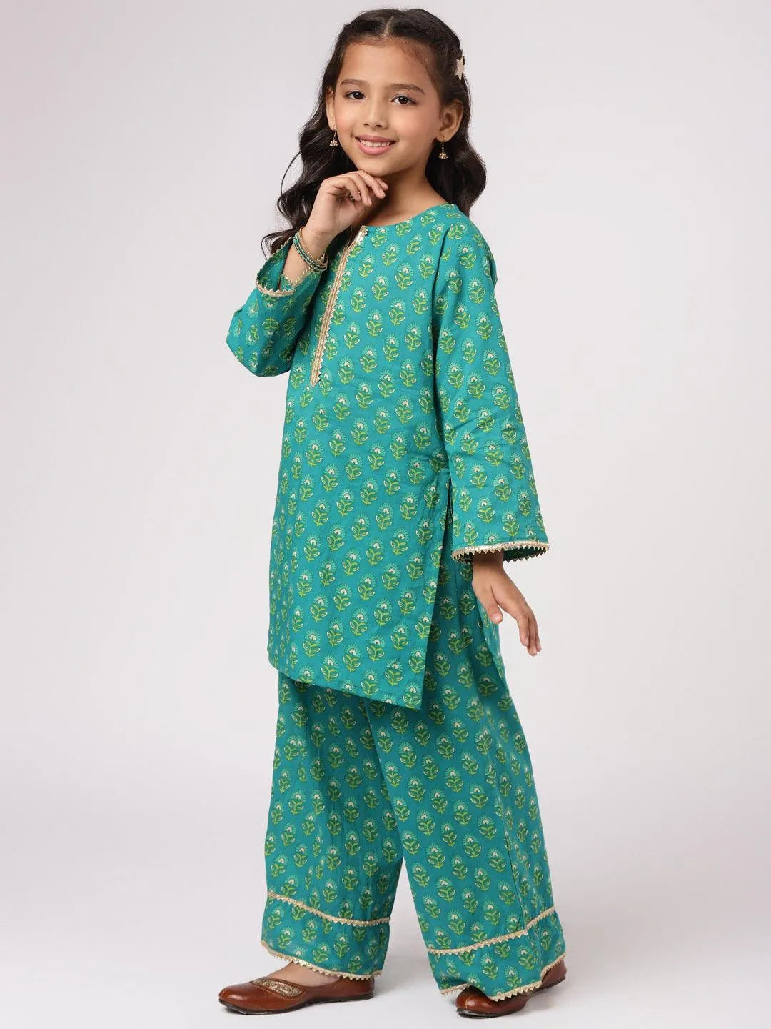 Green Printed Cotton Suit Set - Libas 