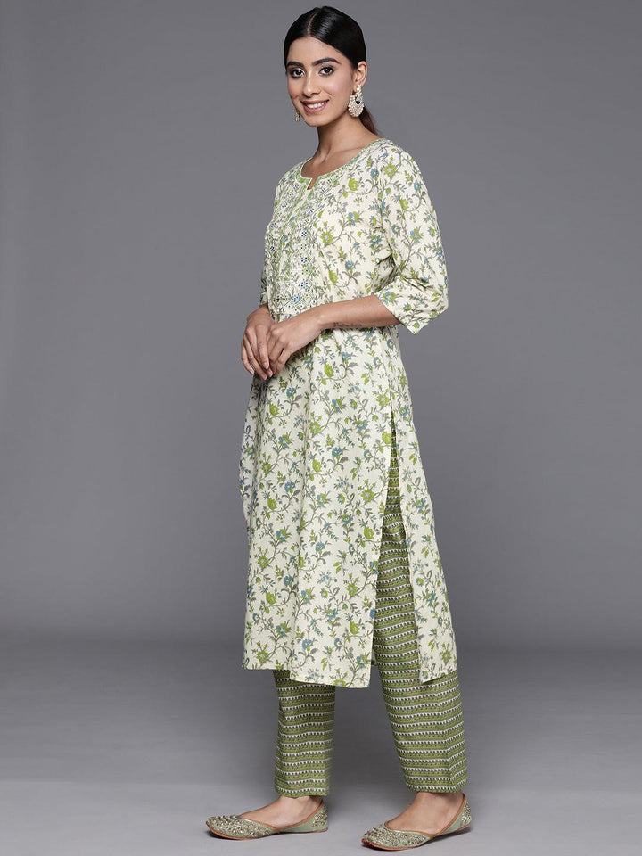 Green Printed Cotton Straight Kurta With Palazzos & Dupatta - Libas