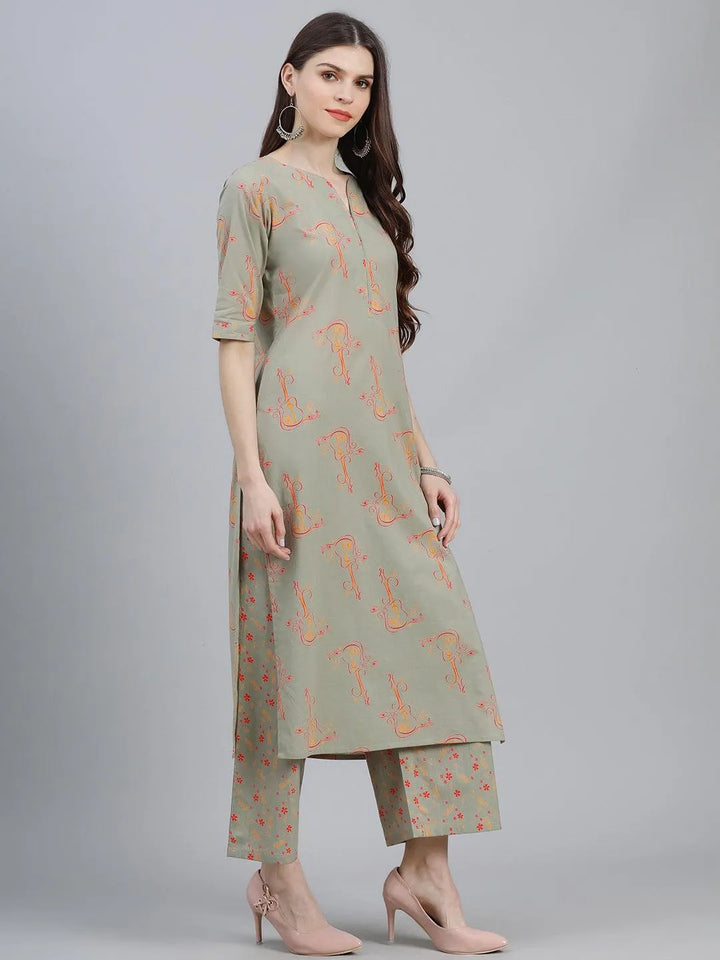 Green Printed Cotton Suit Set - Libas