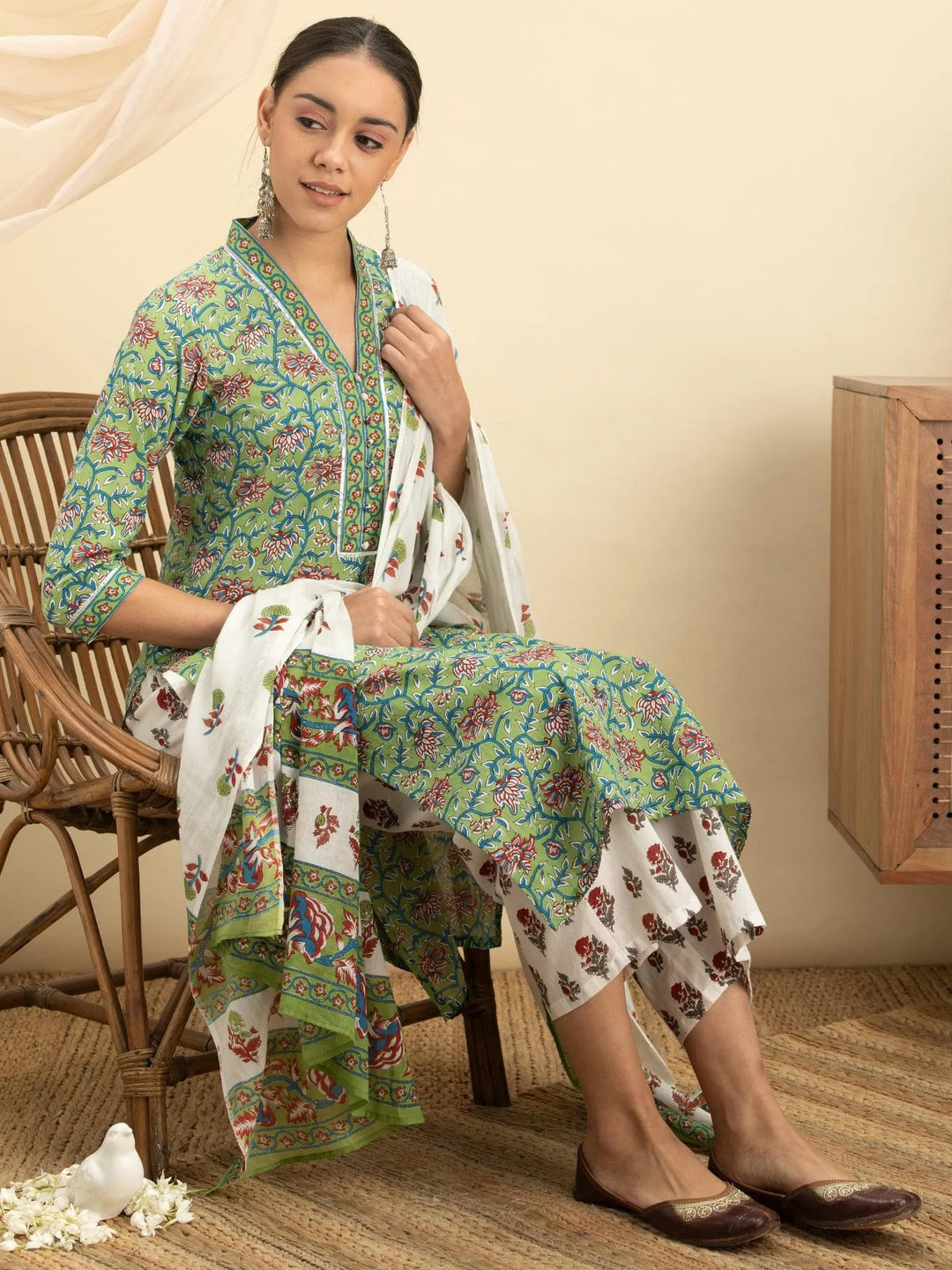 Green Printed Cotton Suit Set - Libas